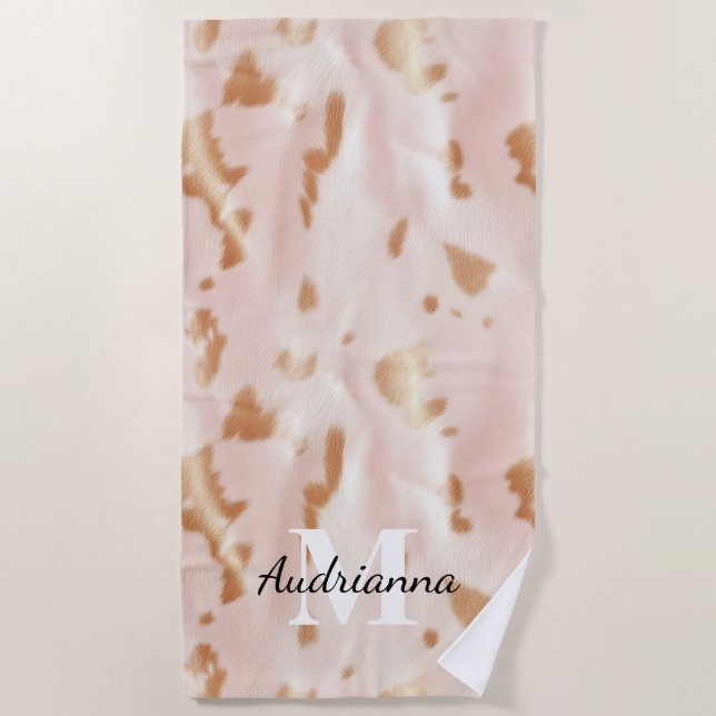 Blush Pink Tan Southwest Faux Cowhide Cowgirl Beach Towel (Front)