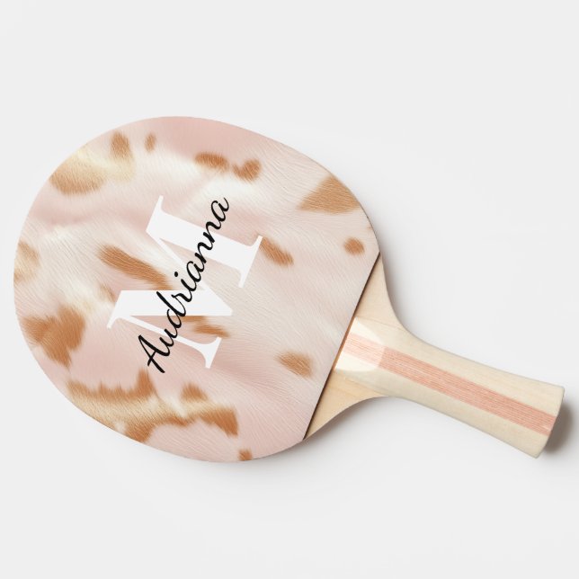 Blush Pink Tan Southwest Faux Cowhide Cowgirl Ping Pong Paddle (Side)