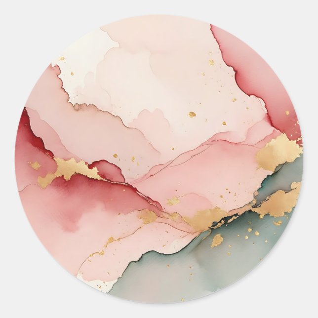Blush Pink Teal Gold Abstract Classic Round Sticker (Front)