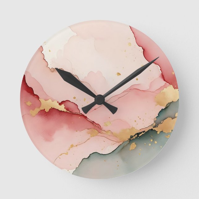 Blush Pink Teal Gold Abstract Round Clock (Front)