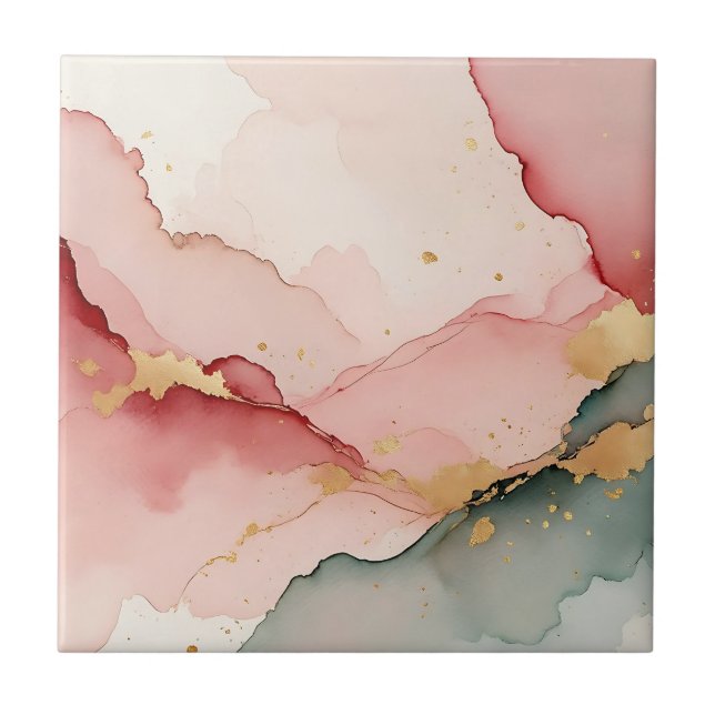 Blush Pink Teal Gold Abstract Tile (Front)
