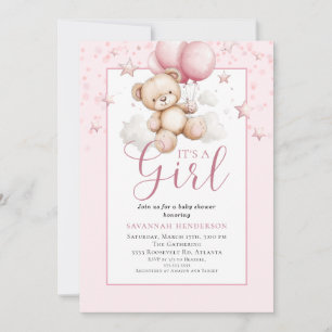Blush Pink Teddy Bear Girl Baby Shower Invitation