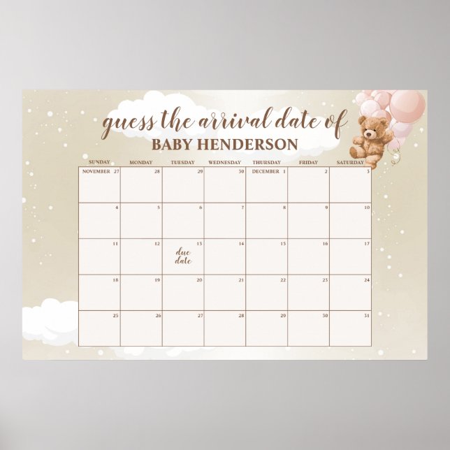 Blush Pink Teddy Bear Guess The Due Date Calendar Poster (Front)