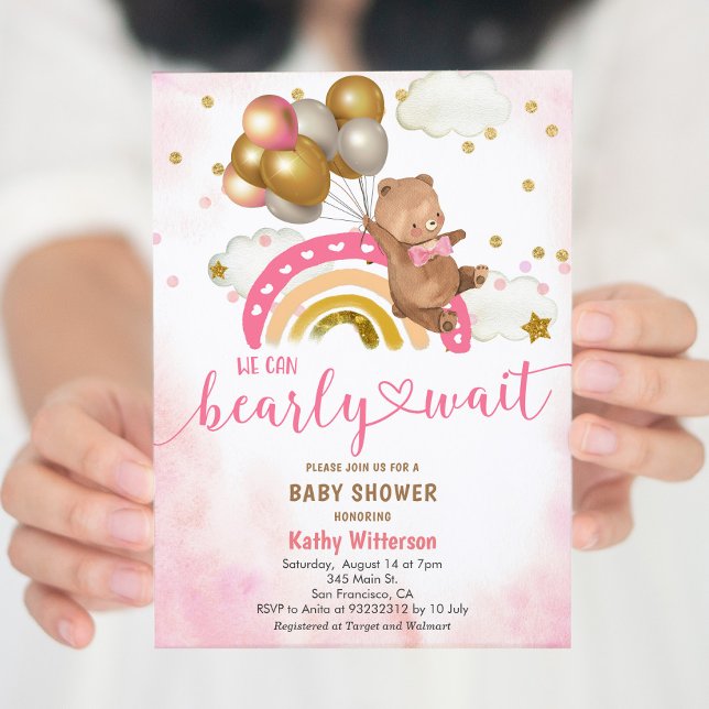 Blush Pink Teddy Bear We Can Bearly Wait Baby Show Invitation (Creator Uploaded)