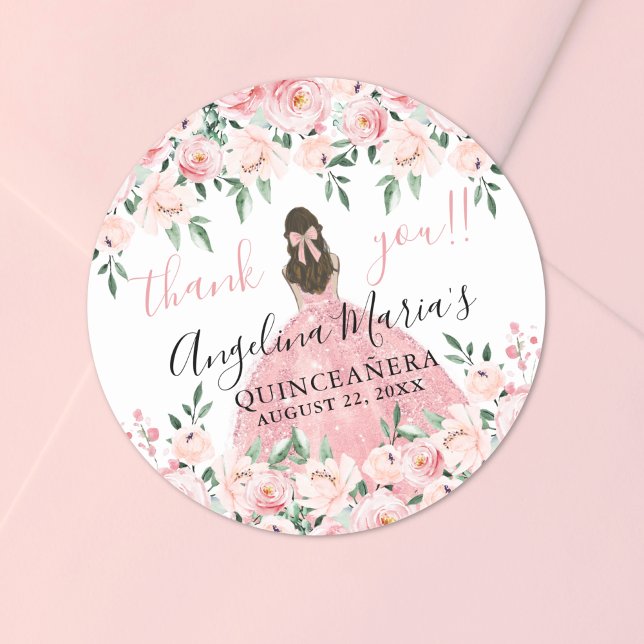 Blush Pink Thank You Floral Quinceanera Classic Round Sticker (Blush Pink Thank You Floral Quinceanera Classic Round Sticker )