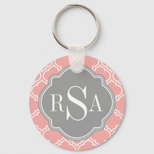 Blush Pink Tile Lattice Pattern Grey Monogram Key Ring