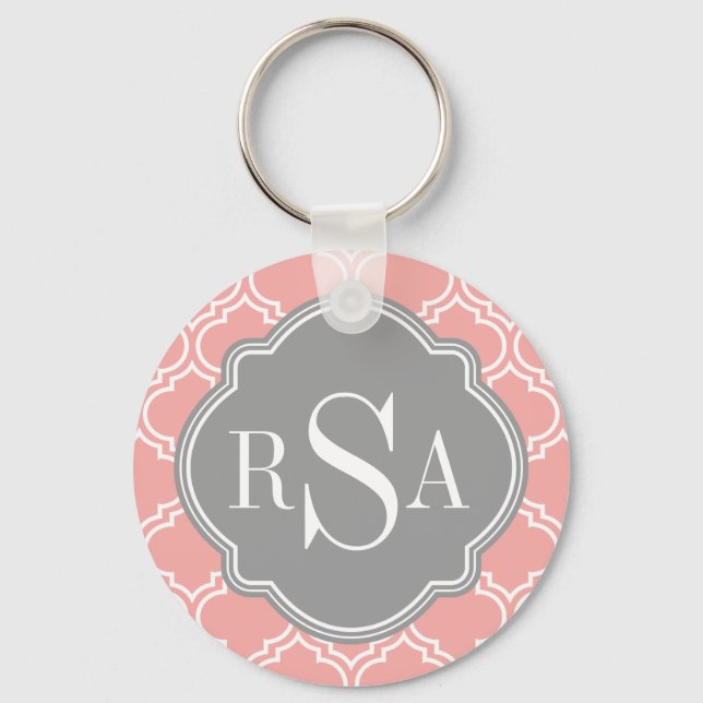 Blush Pink Tile Lattice Pattern Grey Monogram Key Ring (Front)