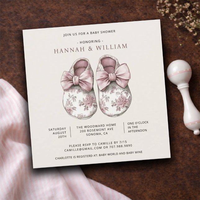 Blush Pink Toile Baby Booties Baby Girl Shower. Invitation (Creator Uploaded)