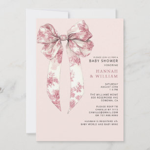 Blush Pink Toile Coquette Ribbon Girl Baby Shower Invitation