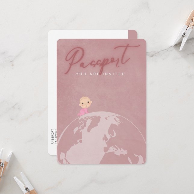 Blush pink travel passport girl baby shower  invitation (Front/Back In Situ)
