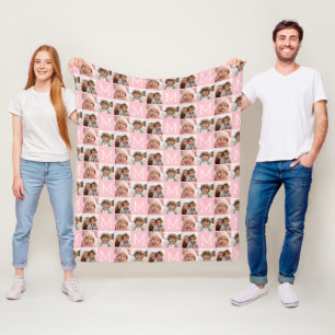 Blush Pink Trendy Photo Collage with Monogram Fleece Blanket