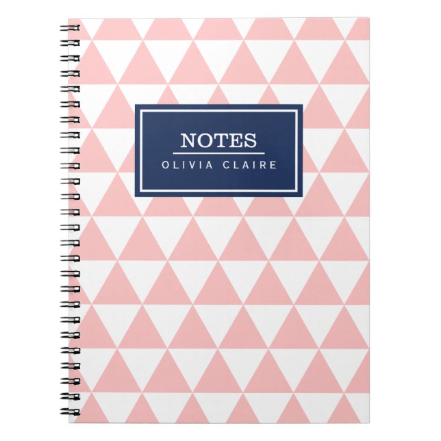 Blush Pink Triangle Pattern Navy Name Template Spiral Notebook (Front)