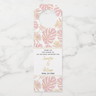 Blush pink tropical leaves polka dots wedding bottle tag