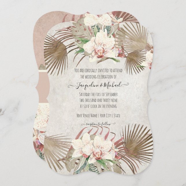 Blush Pink Tropical Orchid Floral Palm Foliage Invitation (Front/Back)