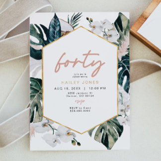 Blush Pink Tropical Palm Pampas 40th Birthday Invitation