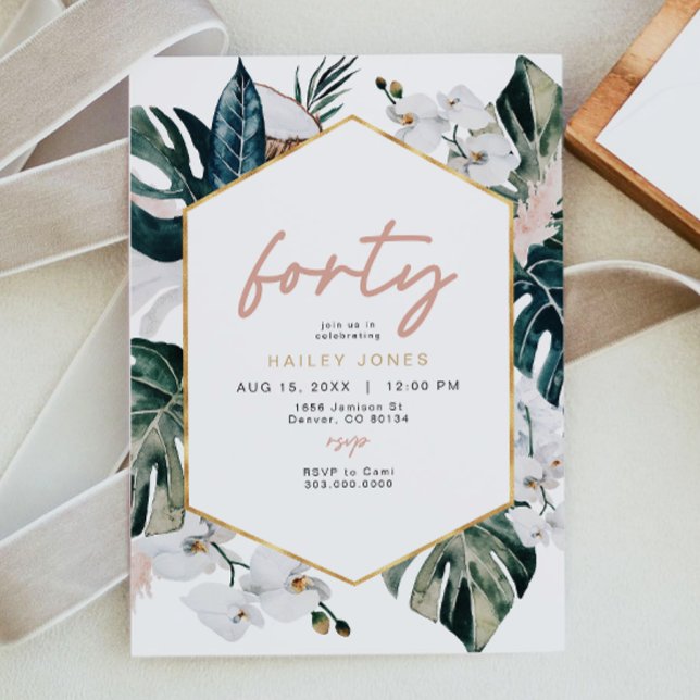 Blush Pink Tropical Palm Pampas 40th Birthday Invitation (Creator Uploaded)