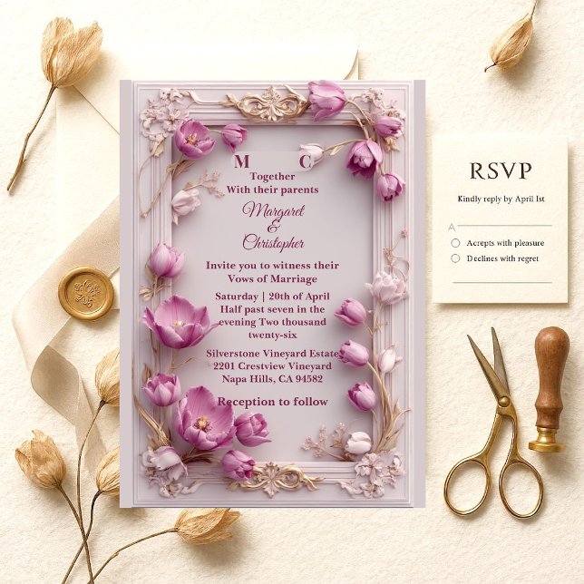 Blush Pink Tulips Baroque Opulent Ivory Wedding  Invitation (Blush Pink Tulips Baroque Opulent Ivory Wedding Invitation)