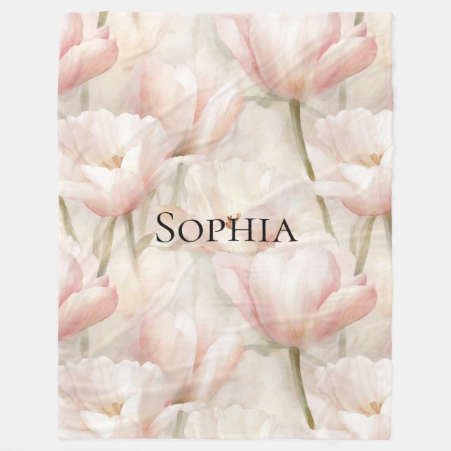 Blush Pink Tulips Floral  Fleece Blanket (Front)