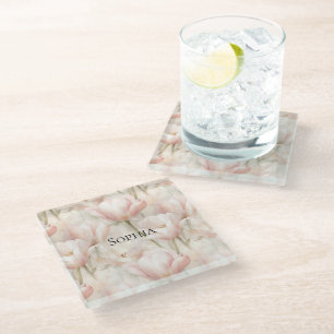 Blush Pink Tulips Floral Glass Coaster