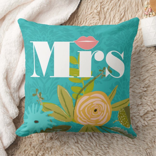 Blush Pink Turquoise  Chartreuse Damask Wedding Cushion (Blanket)