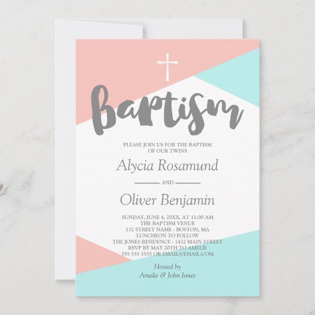 Blush Pink Turquoise Geometric Twins Baptism Invitation (Front)