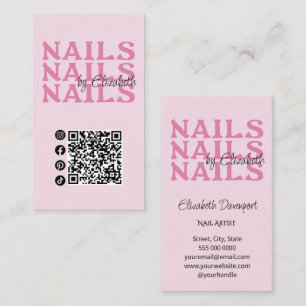 Blush Pink Typography QR Code Social Nail Salon Business Card