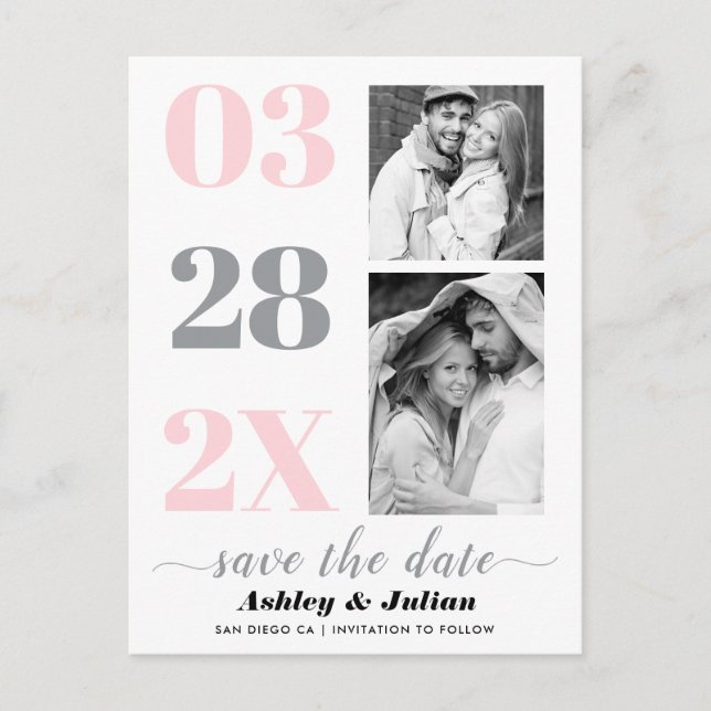 Blush pink, ultimate grey two photo Save the Date Postcard (Front)