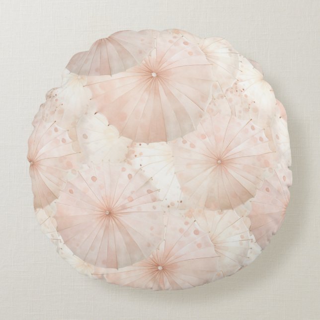 Blush Pink Umbrellas Stripes Round Cushion (Front)