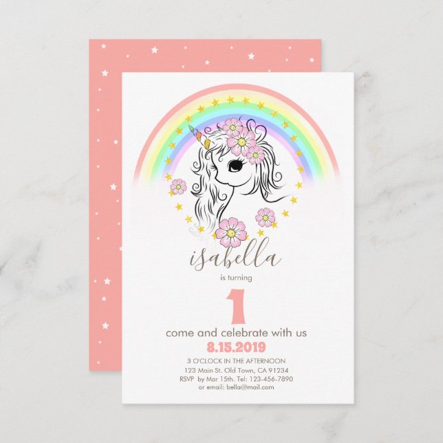 Blush Pink Unicorn Birthday Invitation (Front/Back)