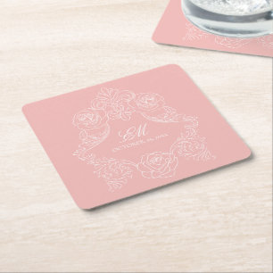 Blush Pink Victorian Wedding Monogram Crest Square Paper Coaster