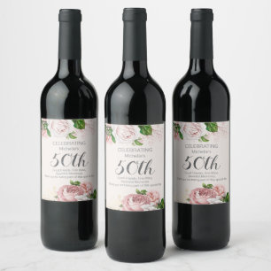 Blush Pink Vintage Floral 50th Birthday Wine Label