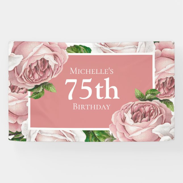 Blush Pink Vintage Floral 75th Birthday Banner (Horizontal)