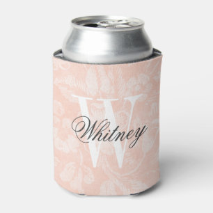 Blush Pink Vintage Floral Print Monogram Can Cooler
