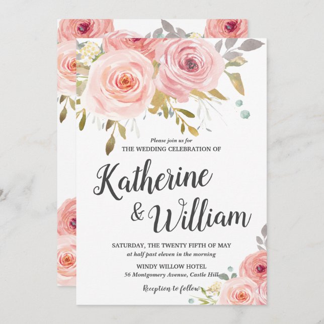 Blush Pink Vintage Floral Wedding Invitation (Front/Back)
