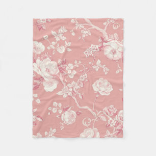 Blush Pink Vintage Rose Toile Floral Pattern Fleece Blanket