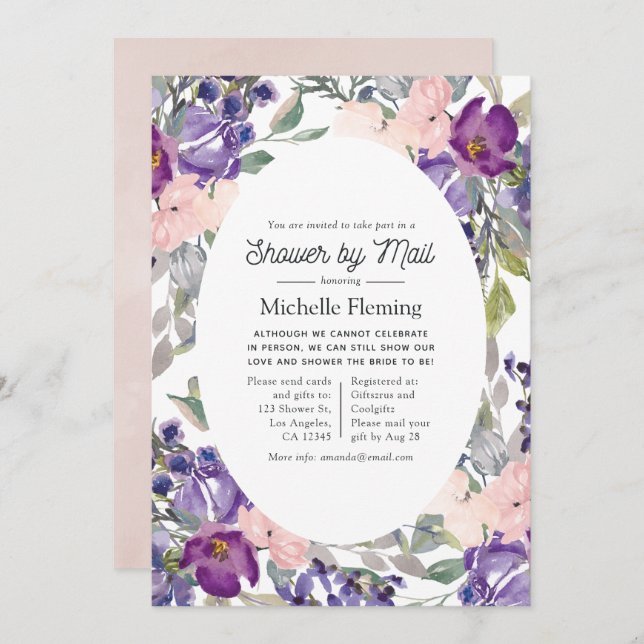 Blush Pink, Violet and Plum Bridal Shower by Mail Invitation (Front/Back)