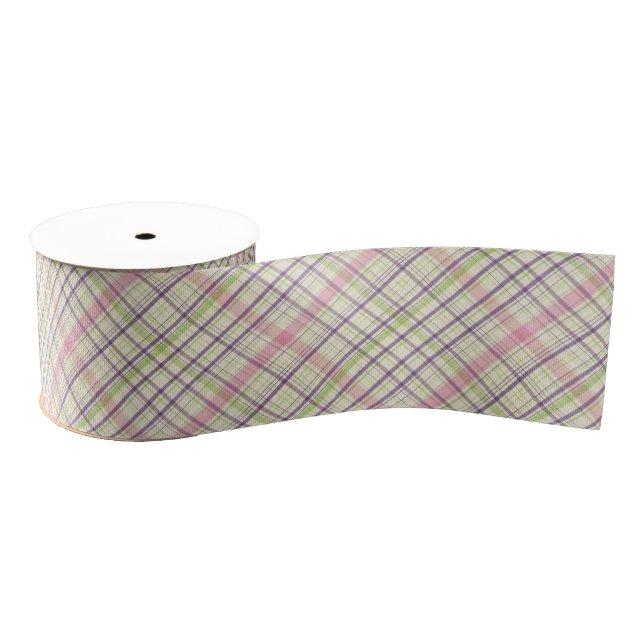 Blush Pink Violet Purple Lime Green Tartan Pattern Grosgrain Ribbon (Spool)
