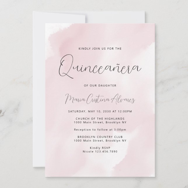 Blush Pink Watercolor 15th Birthday Quinceañera Invitation (Front)
