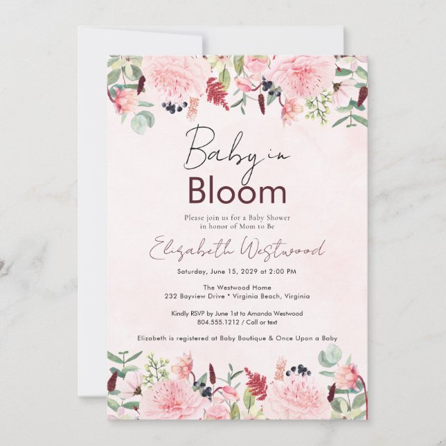 Blush Pink Watercolor  Baby in Bloom Baby Shower  Invitation (Front)