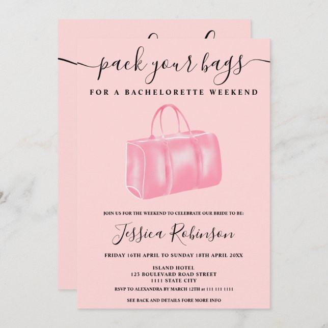 Blush pink watercolor bag bachelorette weekend invitation (Front/Back)
