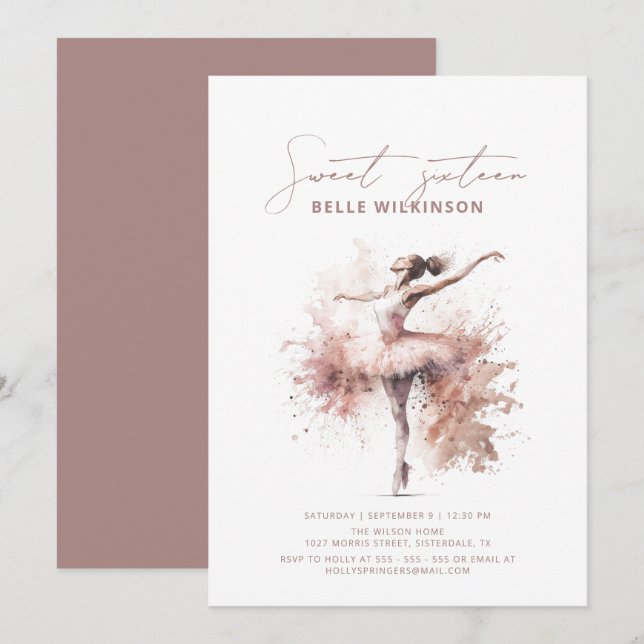 Blush Pink Watercolor Ballerina Sweet 16 Birthday Invitation (Front/Back)