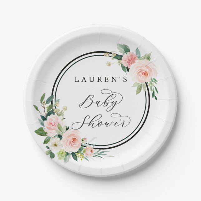 Blush Pink Watercolor Bloom Baby Shower Paper Plate (Front)