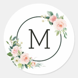 Blush Pink Watercolor Bloom Monogram Classic Round Sticker