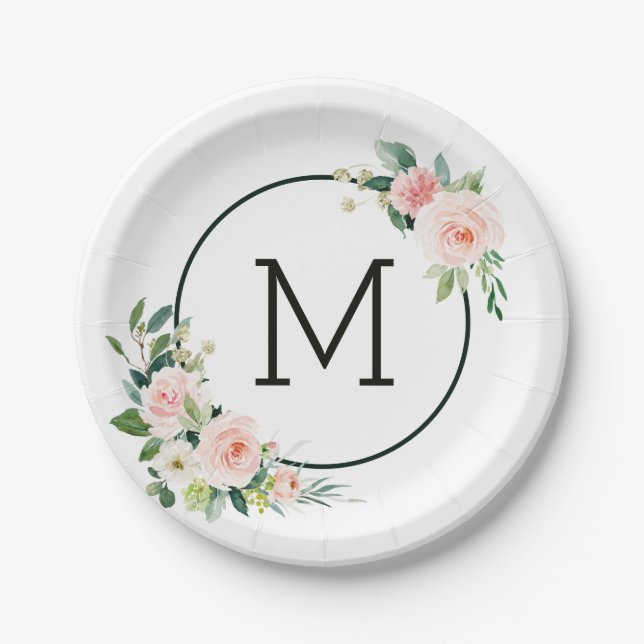 Blush Pink Watercolor Bloom Monogram Paper Plate (Front)