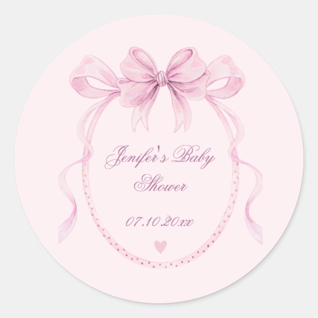 Blush Pink Watercolor Bow Baby Shower Favour Label (Front)