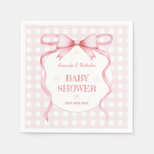 Blush Pink Watercolor Bow Gingham Baby Girl Shower Napkin