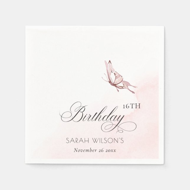 Blush Pink Watercolor Butterfly Any Age Birthday Napkin (Front)