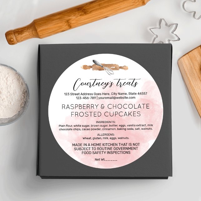 Blush Pink Watercolor Calligraphy Cottage Law Food Classic Round Sticker (Blush pink watercolor food license stickers for your bakery or catering business)