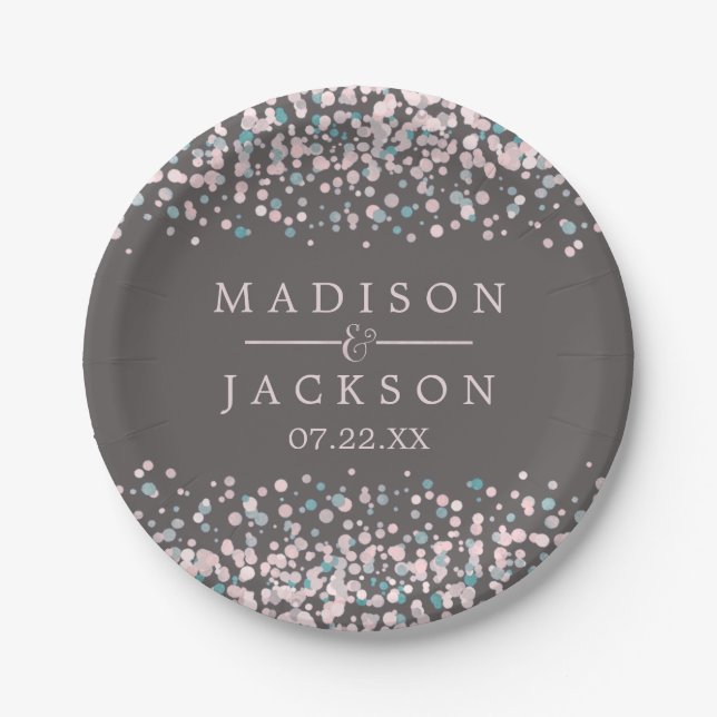 Blush Pink Watercolor Confetti Wedding Monogram Paper Plate (Front)
