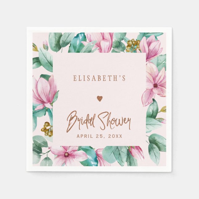Blush pink watercolor copper glitter bridal shower napkin (Front)
